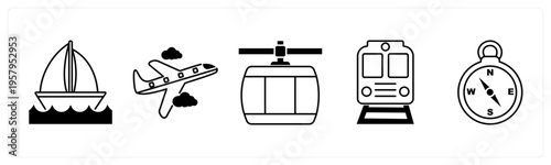 A set of 5 mix icons as cruise, plane, cable car