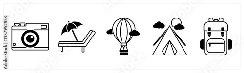 A set of 5 mix icons as camera, beach, hot air balloon