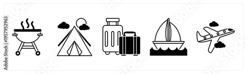 A set of 5 mix icons as barbecue, camping tent, suitcase
