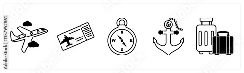 A set of 5 mix icons as plane, plane ticket, compass