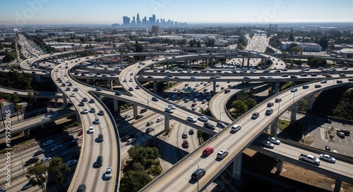 Urban Freeway Interchange Aerial View With Downtown Skyline In Background