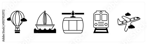 A set of 5 mix icons as hot air balloon, cruise, cable car,