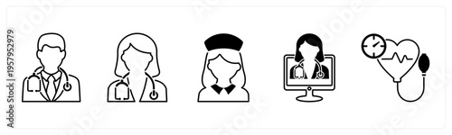 A set of 5 mix icons as male doctor, female doctor, nurse
