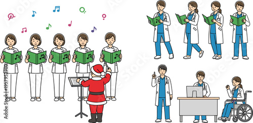Medical Staff Vector Illustration Set Featuring Nurses Singing in Choir with Santa Claus and Doctors Working in Hospital and Clinic Settings.