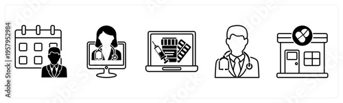 A set of 5 mix icons as appointment, online doctor, online pharmacy