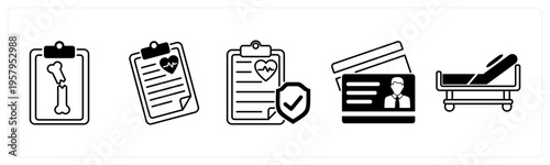 A set of 5 mix icons as xray, health report, medical insurance