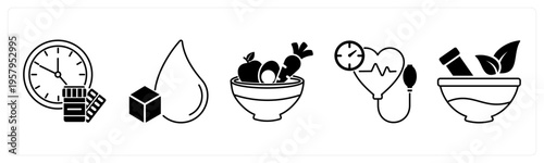 A set of 5 mix icons as dose, blood sugar, healthy meal
