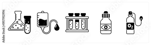 A set of 5 mix icons as flask, blood transfusion, test tubes