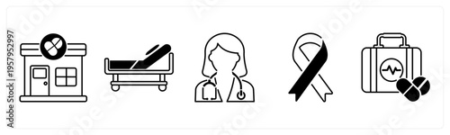 A set of 5 mix icons as medical store, stretcher, female doctor