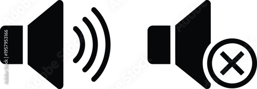 Black and white vector icons representing sound volume enabled and sound volume disabled settings Vector