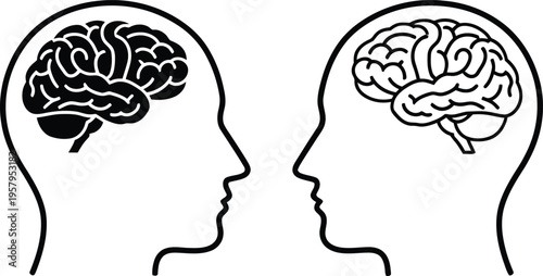 Two human head silhouettes with brains, one black and one outlined, representing thought and ideas vector