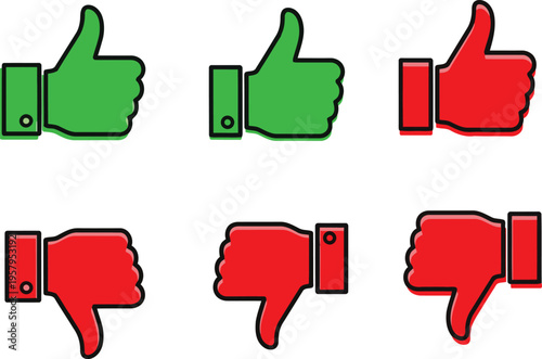 A collection of colorful hand icons showing thumbs up and thumbs down gestures for feedback usage Vector