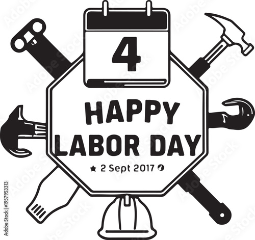 A black and white graphic illustration celebrating labor day with tools and a calendar date mark