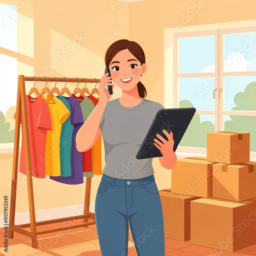 A woman on the phone in her room with boxes and clothes