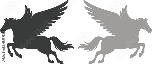 Winged horse icon set featuring Pegasus and unicorn designs in various poses. Black and gray vector shapes ideal for logos, fantasy themes, tattoos, and decorative artwork.