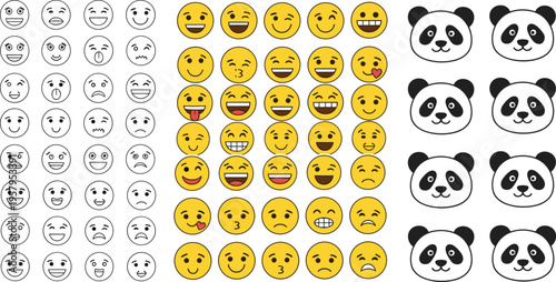 Mega Collection of Yellow Emoji Faces Panda Avatars and Line Art Emoticons with Various Expressions for Digital Graphic Design.
