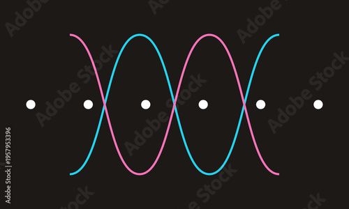 A minimalist graphic showing two intersecting sine waves in pink and blue against a dark background