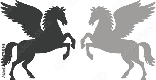 Winged horse icon set featuring Pegasus and unicorn designs in various poses. Black and gray vector shapes ideal for logos, fantasy themes, tattoos, and decorative artwork.