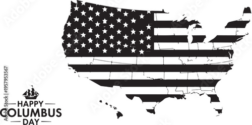 Black and white map of the united states featuring the american flag design for columbus day event