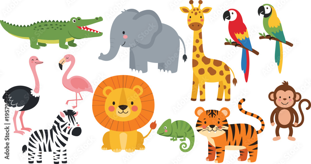 Fototapeta premium Cute Safari Jungle Animals Cartoon Illustration Set for Kids