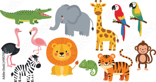Cute Safari Jungle Animals Cartoon Illustration Set for Kids