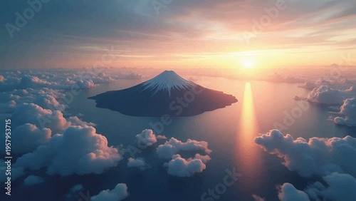 Snowy mountain island above clouds at sunset