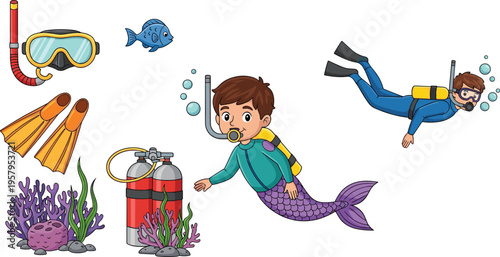 Scuba diving equipment set with cartoon merman diver, oxygen tanks, snorkel mask, flippers, coral reef, and tropical fish vector illustration on white background.