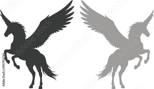 Winged horse icon set featuring Pegasus and unicorn designs in various poses. Black and gray vector shapes ideal for logos, fantasy themes, tattoos, and decorative artwork.