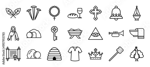 Christian Religious Symbols and Liturgical Items in Minimalist Monoline Aesthetic for Search Optimized Digital Graphics