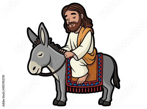 A cartoon illustration of Jesus Christ riding a donkey with a colorful blanket