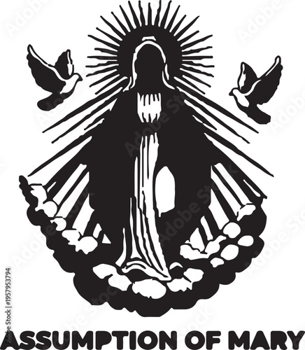 A black and white graphic illustration depicting the religious assumption of virgin mary in heaven