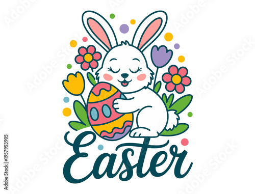 A cute Easter bunny holding a colorful egg surrounded by flowers and leaves in a flat vector illustration