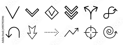 Minimalist Monoline Navigation Elements and Geometric Line Art Dropdown Arrows for High-End Digital Interface Design and System Menus