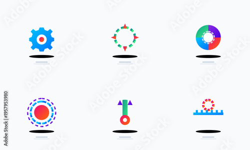 A collection of colorful flat vector icons representing various abstract shapes and design elements