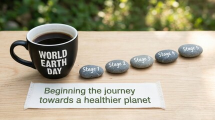 World Earth Day celebration with coffee and staged stones symbolizing progress towards a healthier planet