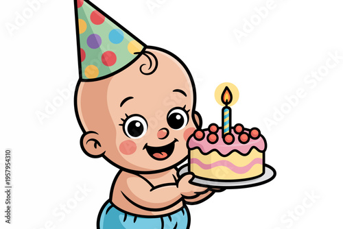 A cheerful cartoon baby wearing a party hat and holding a birthday cake with a lit candle