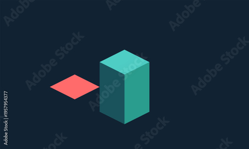 A minimalist isometric illustration featuring a teal rectangular prism next to a red diamond shape