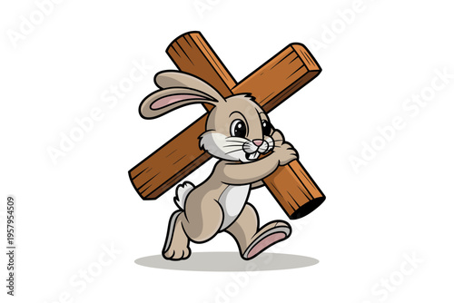 A cartoon bunny carrying a large wooden cross on its back in a cute and humorous illustration.