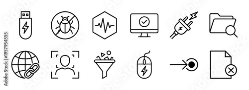 Cyber Security and Ethical Hacking Thin Line Icon Set featuring Minimalist Monoline Geometric Art for Network Protection and Data Privacy.