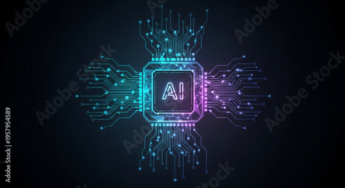 Artificial intelligence circuit board with ai chip on dark background with neon lights