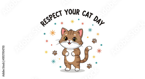 Illustration of a cute cat surrounded by colorful stars and paw prints on Respect Your Cat Day with a playful design.