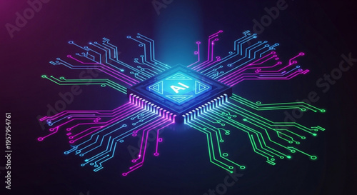 Glowing blue microchip with colorful circuit board connections on a dark background representing technology and innovation