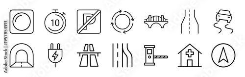 Urban Traffic Management and Road Safety Systems Monoline Outline Icon Set for Smart City Navigation and Civil Engineering Interface Design
