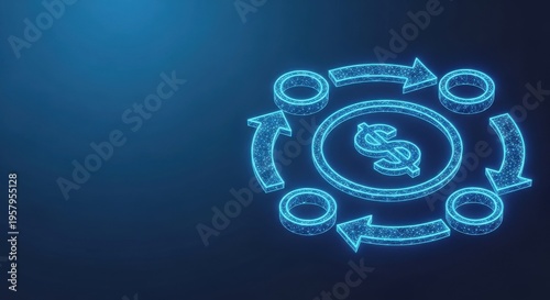 Neon glowing dollar symbol in a cyclical financial process with circulating arrows