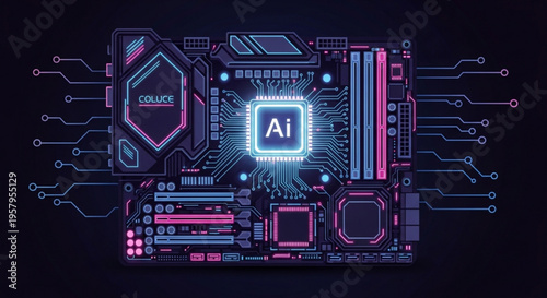Glowing ai circuit board with neon lights and microchips on a dark background symbolizing artificial intelligence and technology