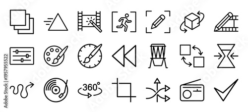 Digital Multimedia Production and Video Editing Minimalist Monoline Outline Icon Set Featuring Professional Post-Production Geometry