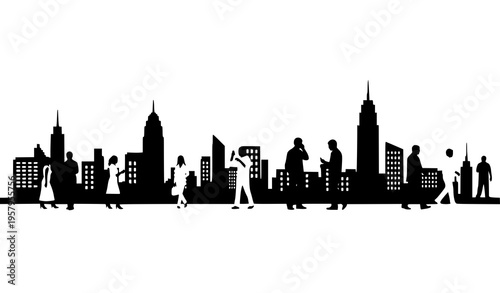 Minimal city silhouette with people circle composition modern urban vector design