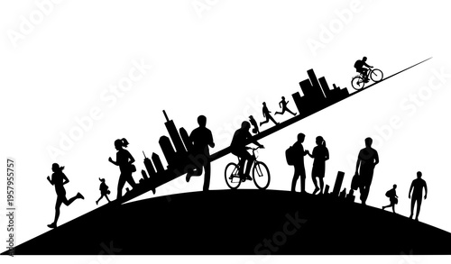 Urban people silhouettes in city life dynamic crowd interaction vector illustration