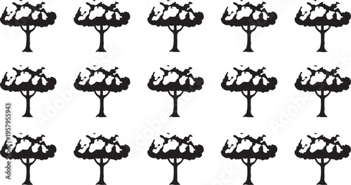 A grid pattern of fifteen identical black tree silhouettes arranged against a plain white background