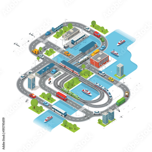 Isometric city with trains, cars, buses, and boats on water